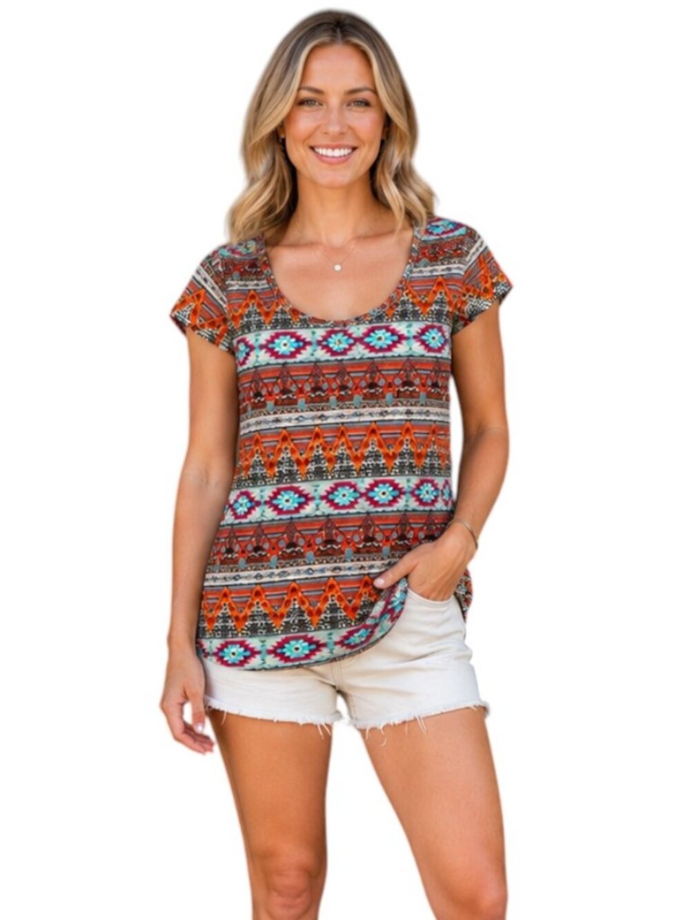 Pink Rose Multicolor Printed Boat Neck Short Sleeve Top, M